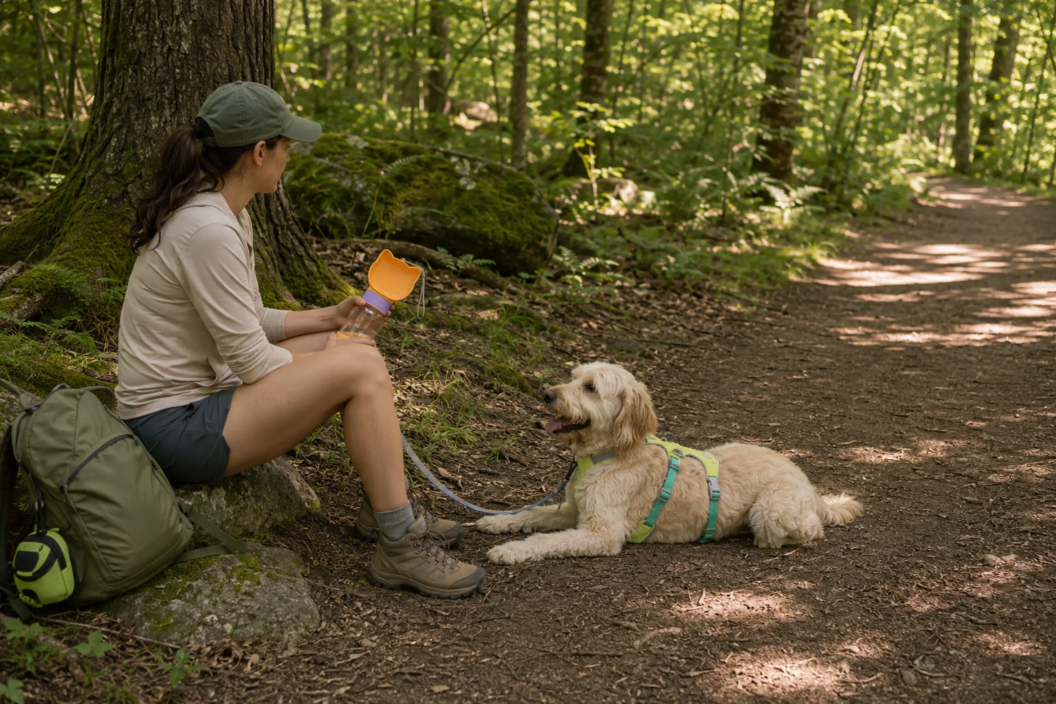 Dog resting with water in the shade during a summer hike