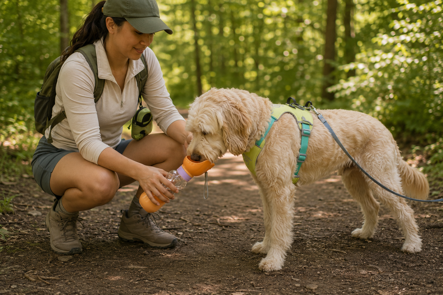 Dog drinking from a portable water bottle during a shaded hike break