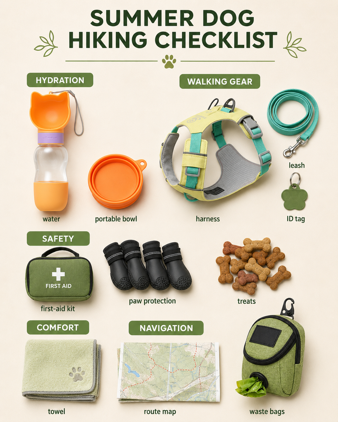 Checklist of essential gear for a summer day hike with a dog