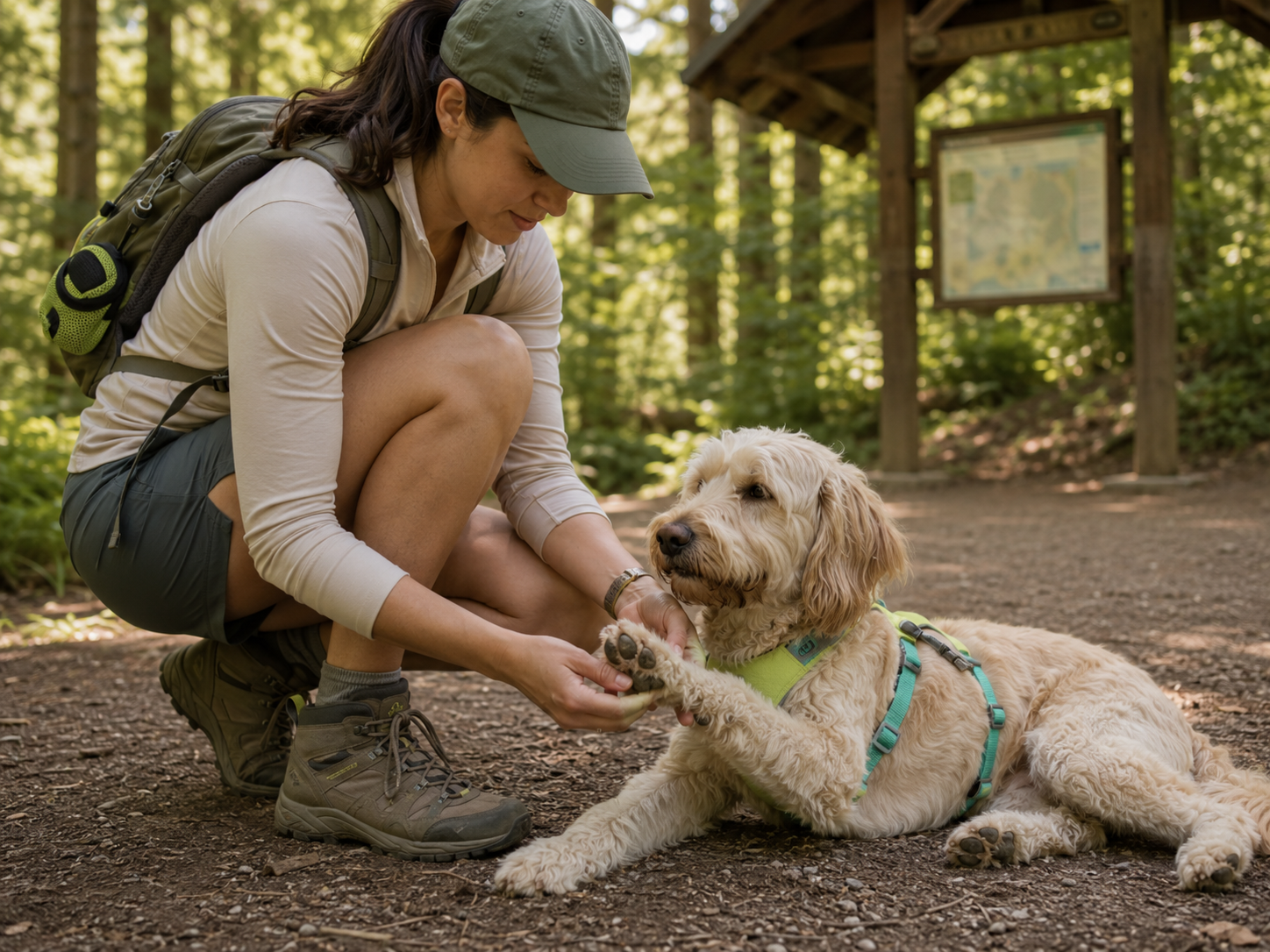 Owner checking a dog’s paw pads after a summer hike