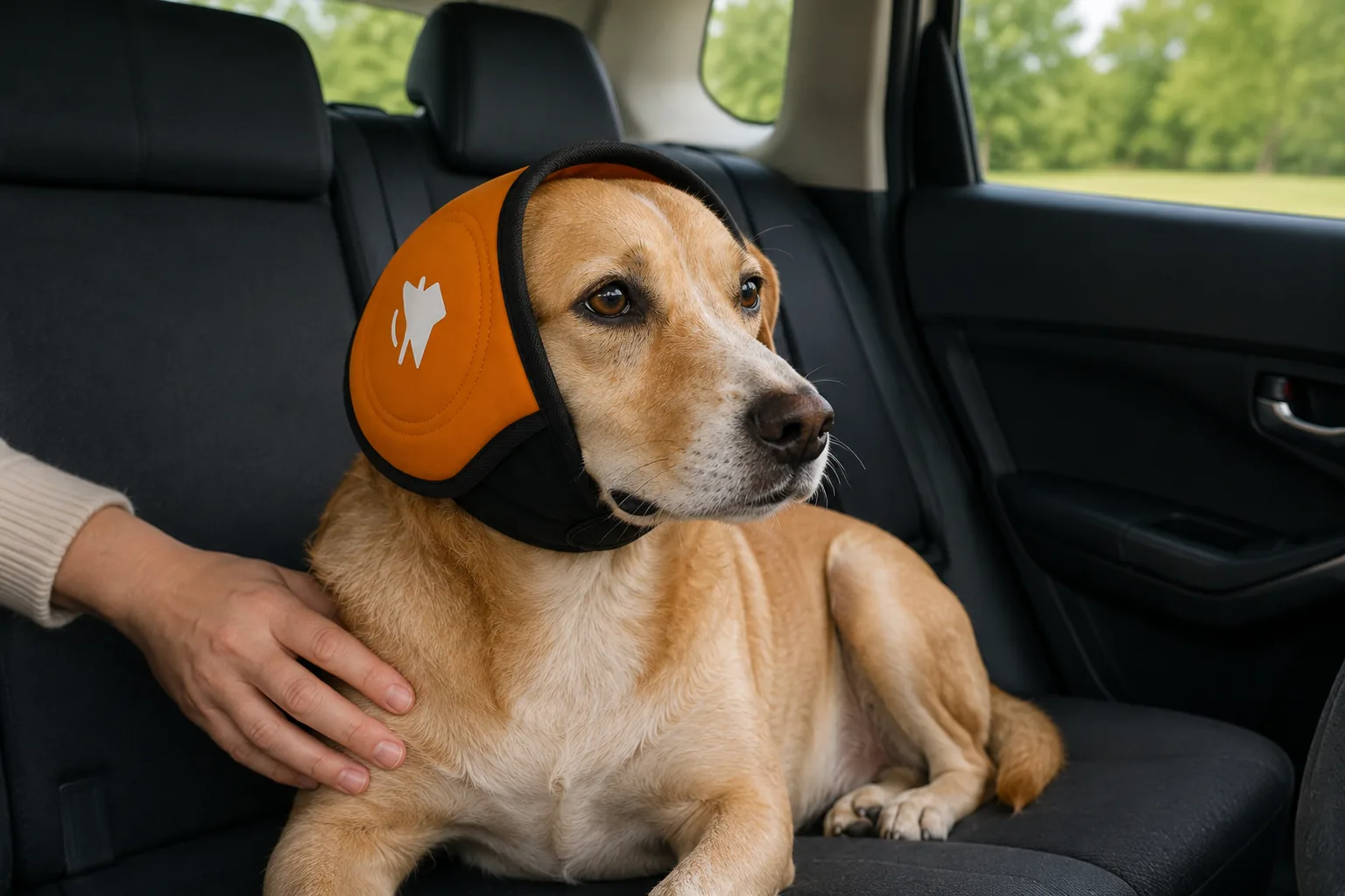Dog wearing orange calming ear muffs while resting in the rear seat