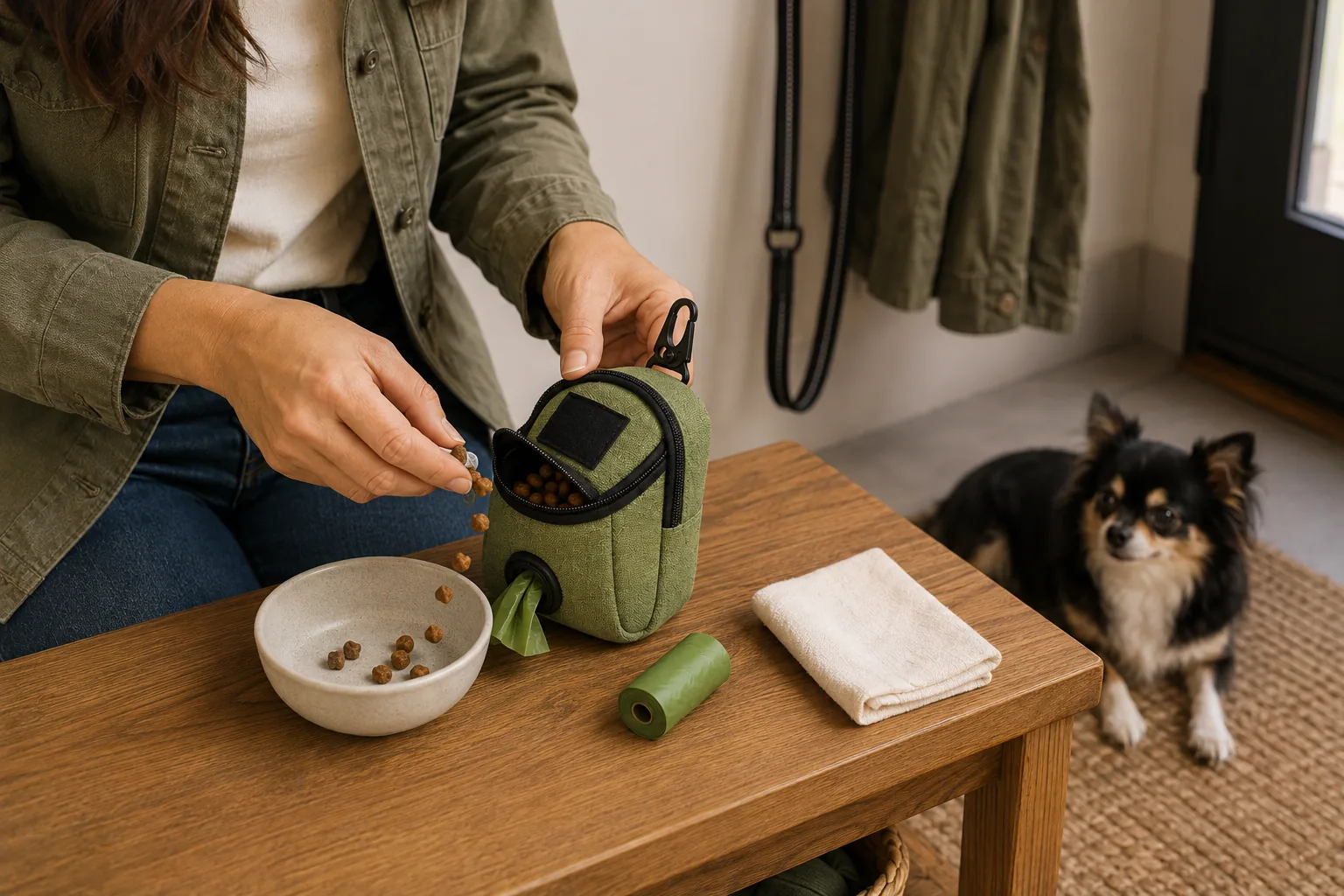 Dog owner empties remaining treats while checking the waste bag roll after a walk