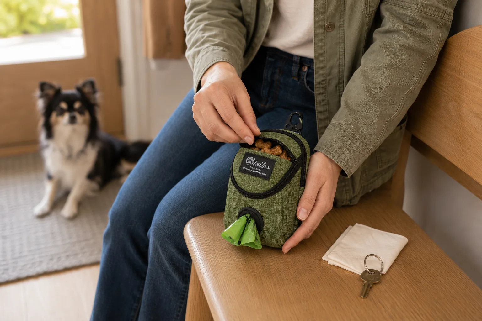Hands loading treats while threading an unused waste bag roll through the pouch dispenser