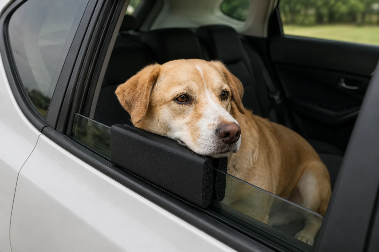 Dog resting inside the car beside a cushion fitted over the window edge