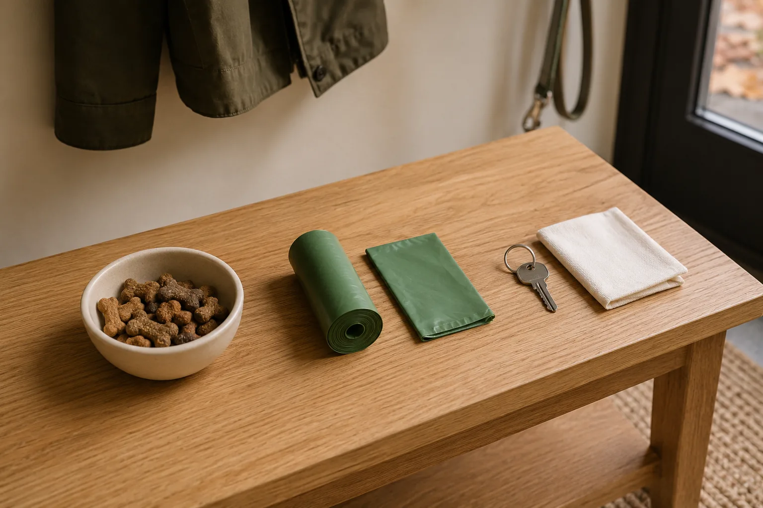 Treats, waste bags, a key, and a folded tissue arranged in three separate groups