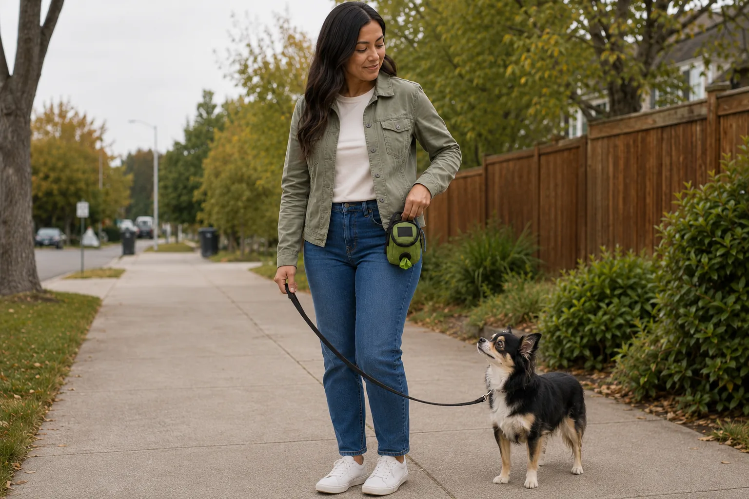 Dog owner reaches for a treat with one hand while holding the leash with the other