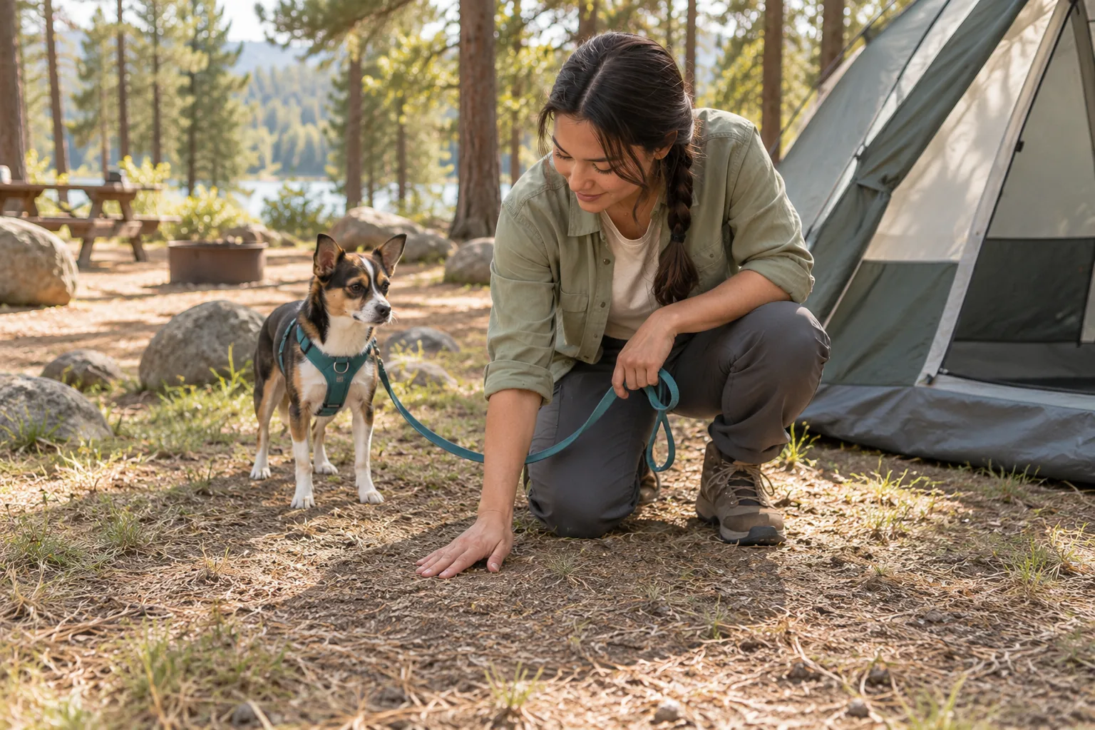 Camper checks flat dry ground beside her tent while her small dog waits on leash