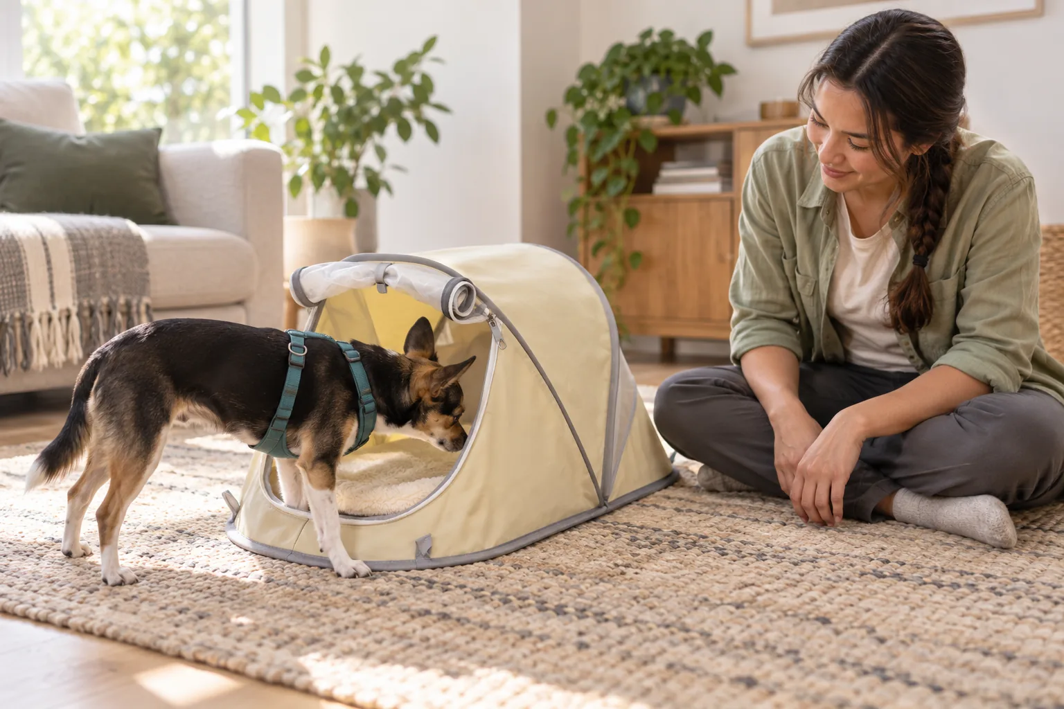 Small dog calmly investigates an open cream pop-up pet tent at home