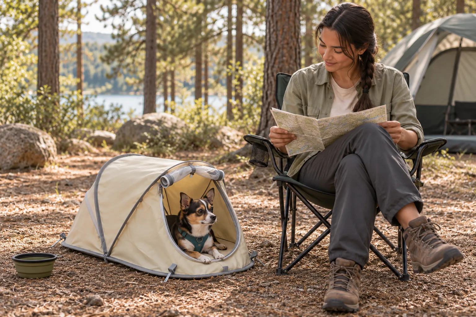 Small dog rests in an open cream pet tent while its owner sits nearby at camp