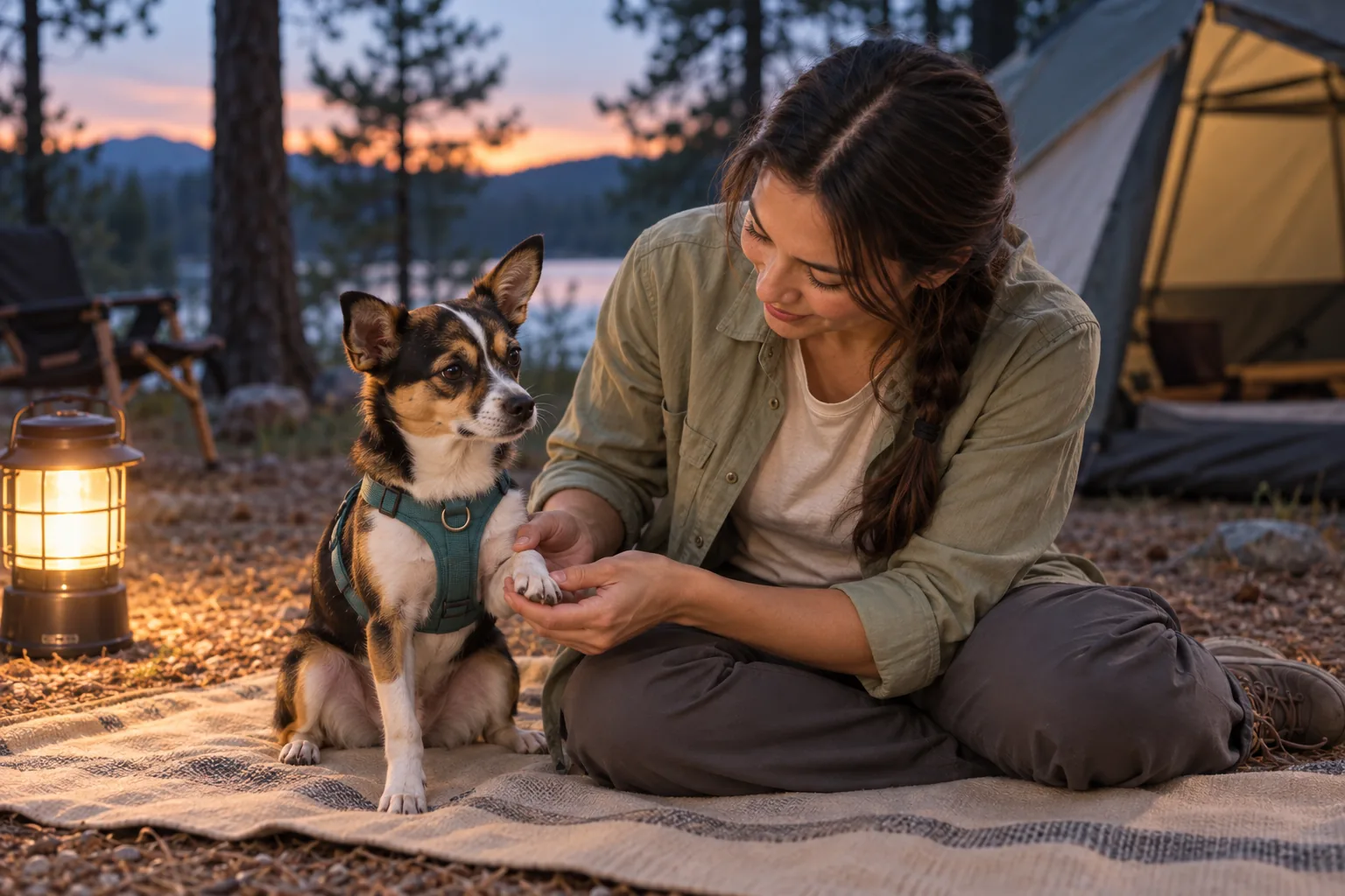 Camper gently checks her small dog's paw and coat at dusk
